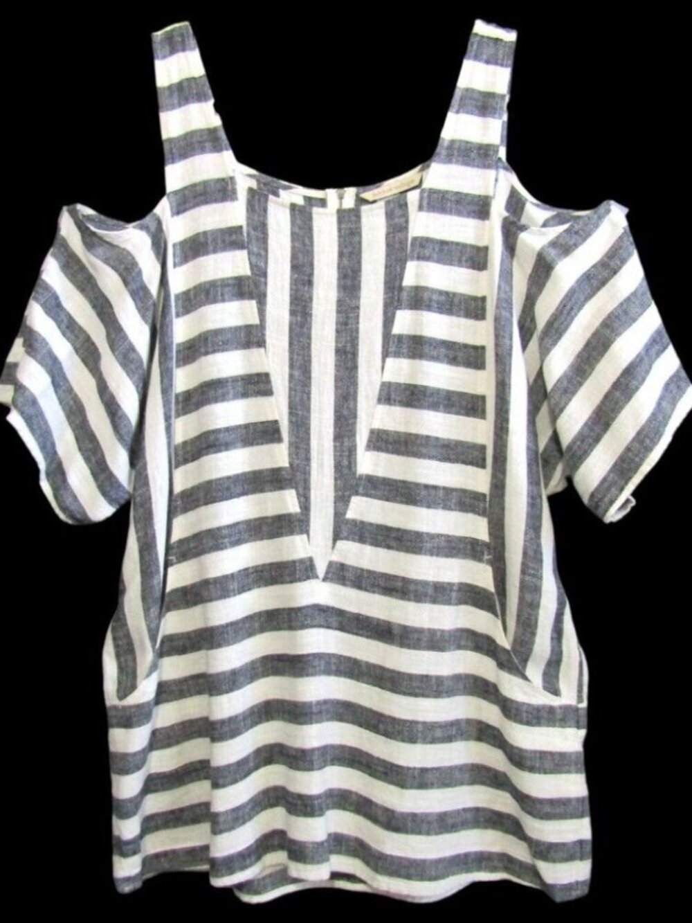 Soft Surroundings Sunset Park Top Size L Black Striped Linen Blend Cold Shoulder